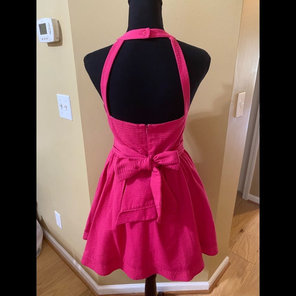 Lauren James raspberry coloured halter flared dress. Sash with bow tie. - Picture 4 of 14